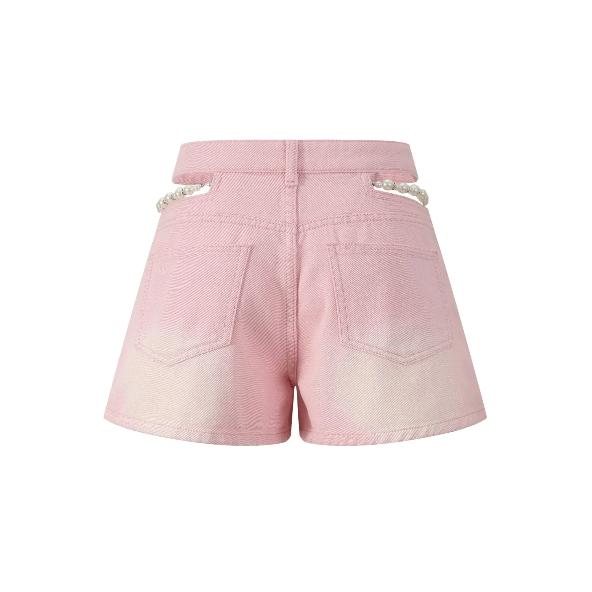 Pink Cutout Pearl Chain Denim Shorts