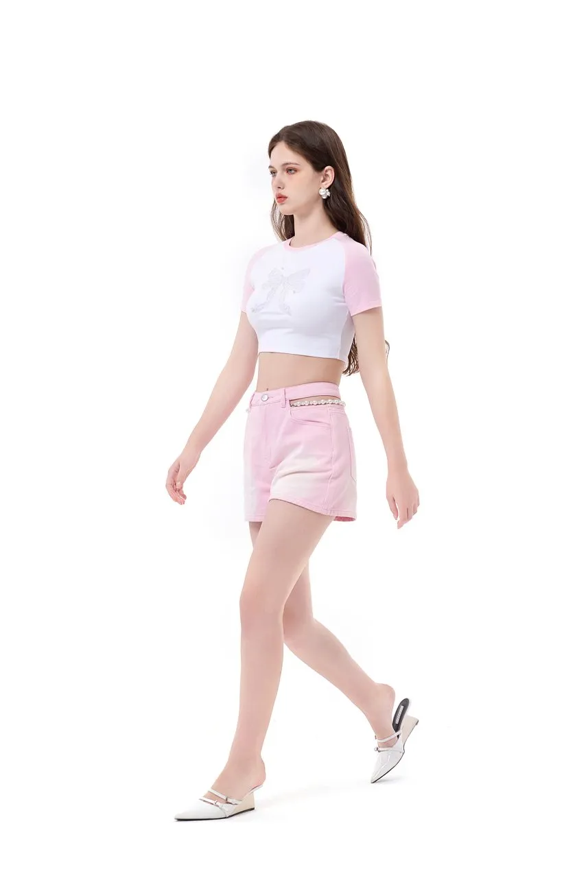 Pink Cutout Pearl Chain Denim Shorts