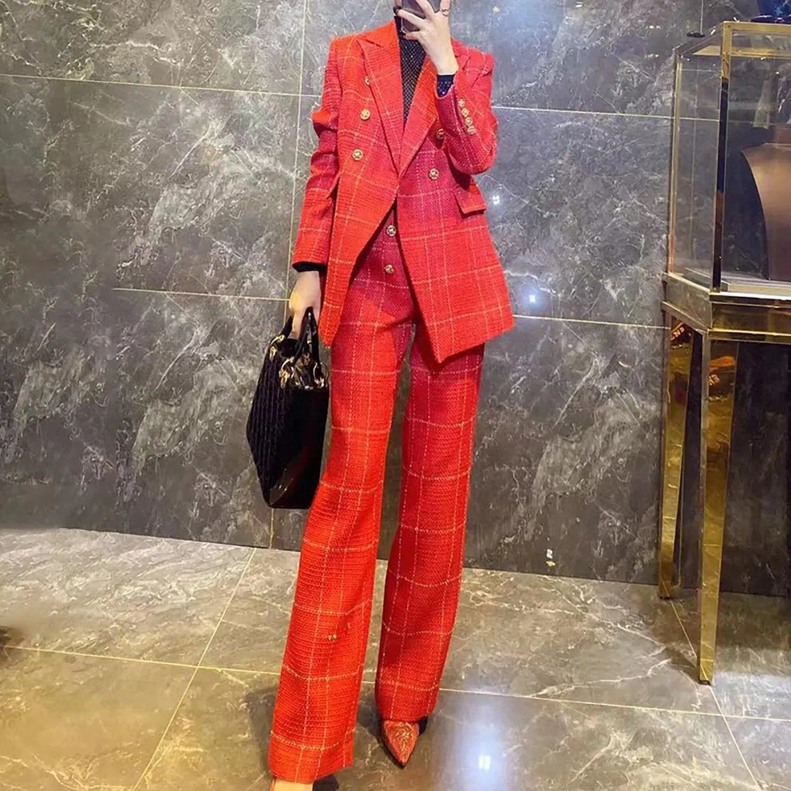 Plaid Double-Breasted Blazer Pants Suit