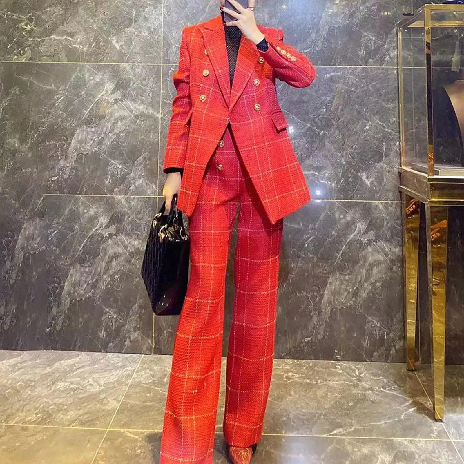 Plaid Double-Breasted Blazer Pants Suit