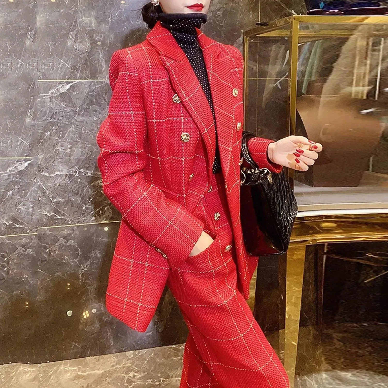 Plaid Double-Breasted Blazer Pants Suit