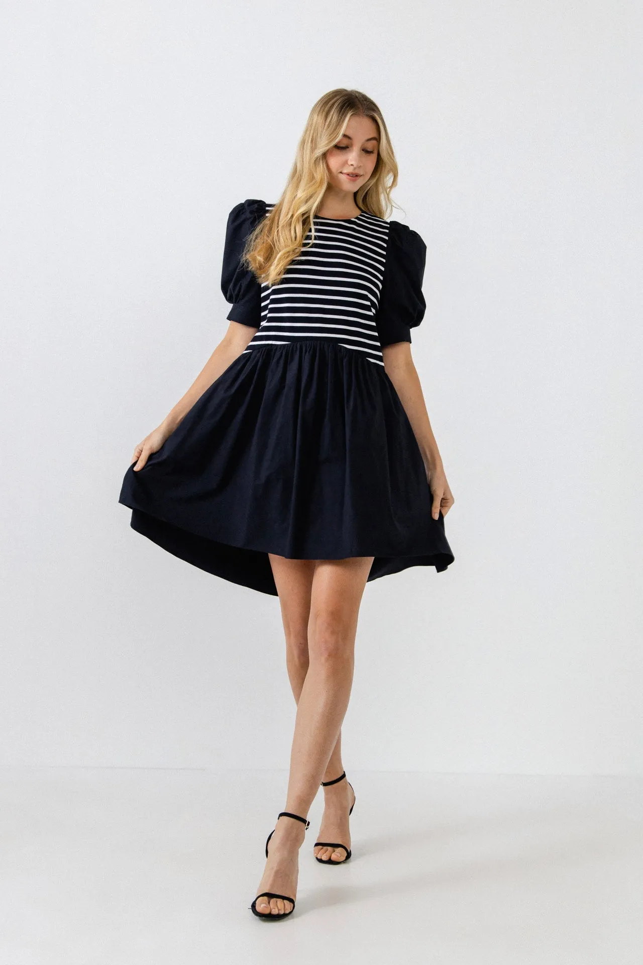 Puff Sleeve High Low Knit Combo Dress