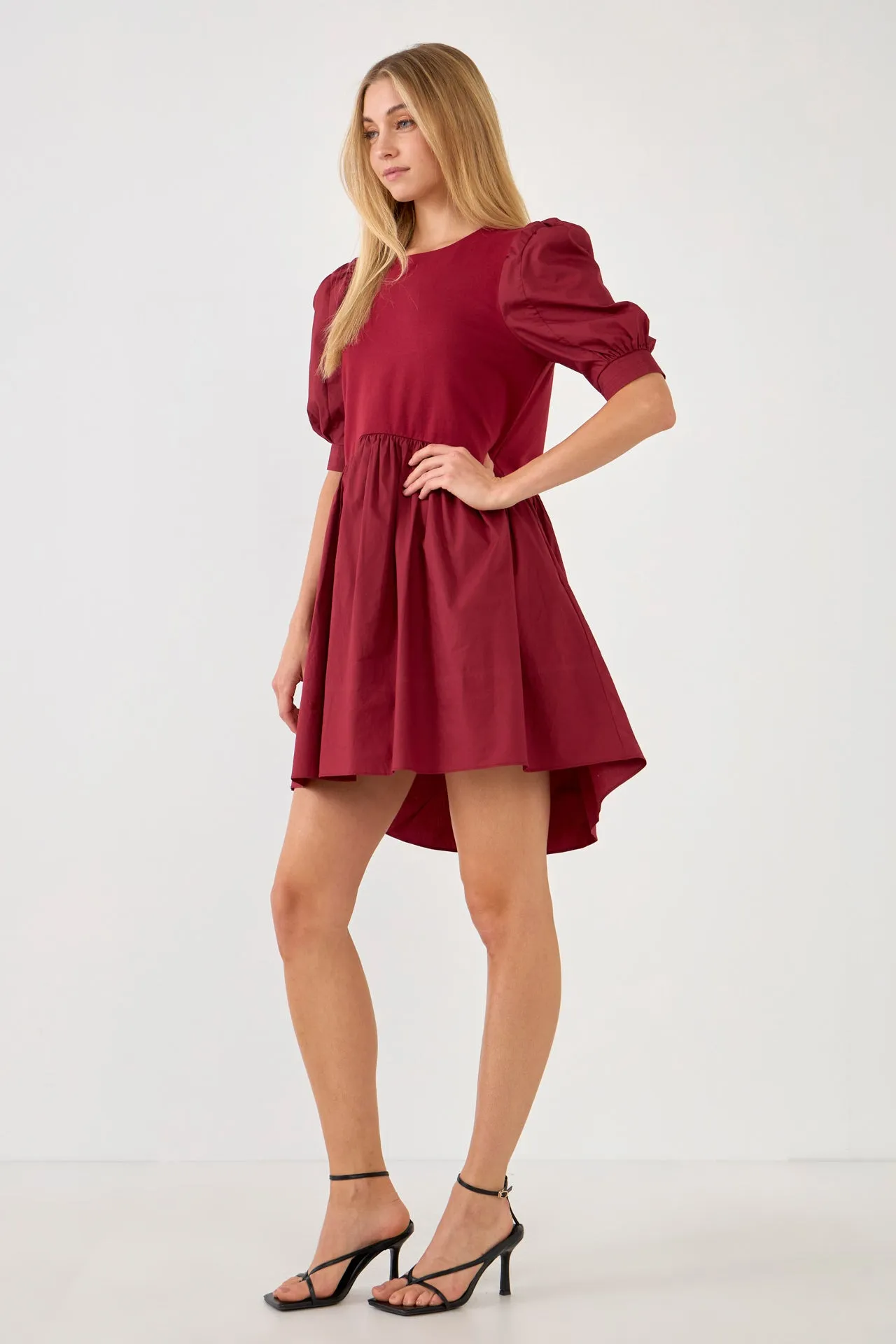 Puff Sleeve High Low Knit Combo Dress