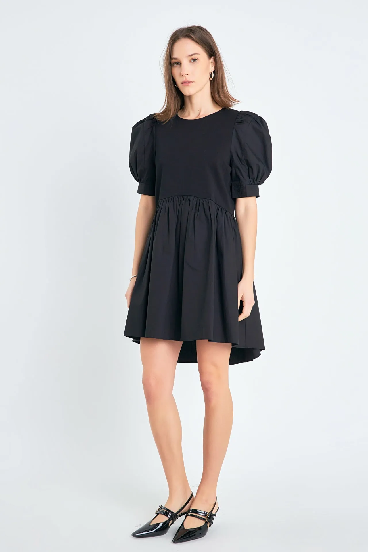 Puff Sleeve High Low Knit Combo Dress