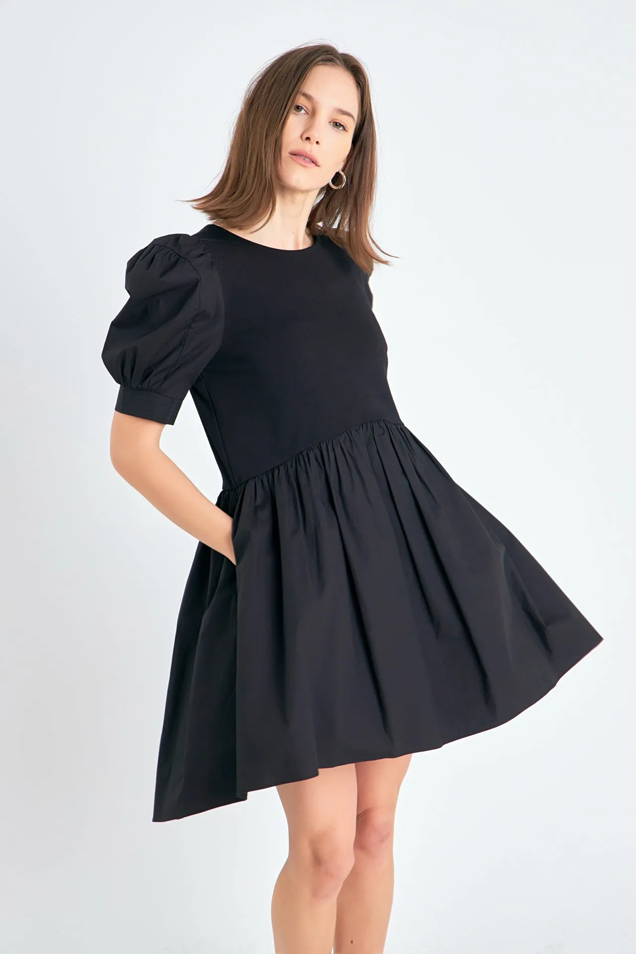 Puff Sleeve High Low Knit Combo Dress