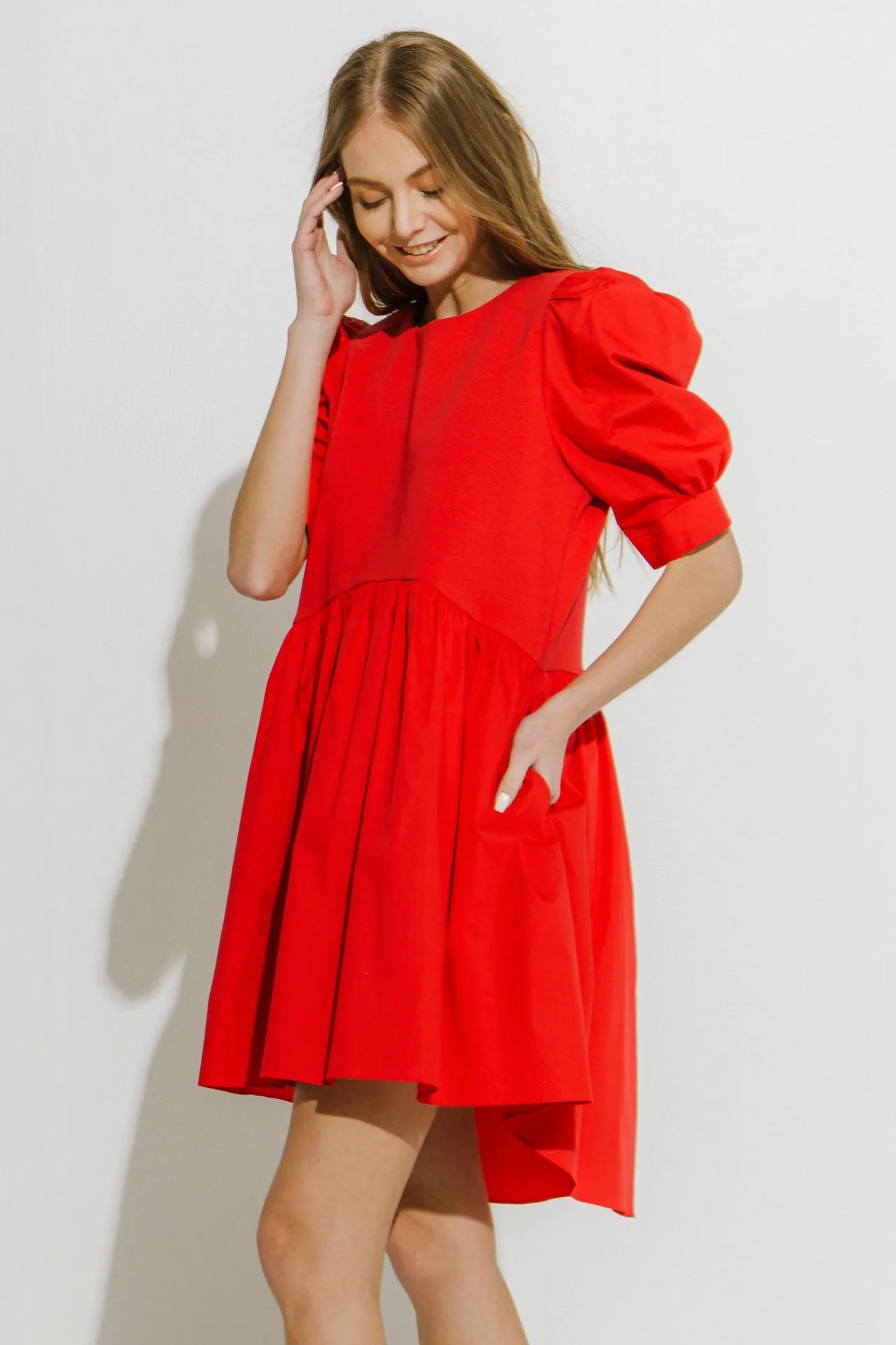 Puff Sleeve High Low Knit Combo Dress