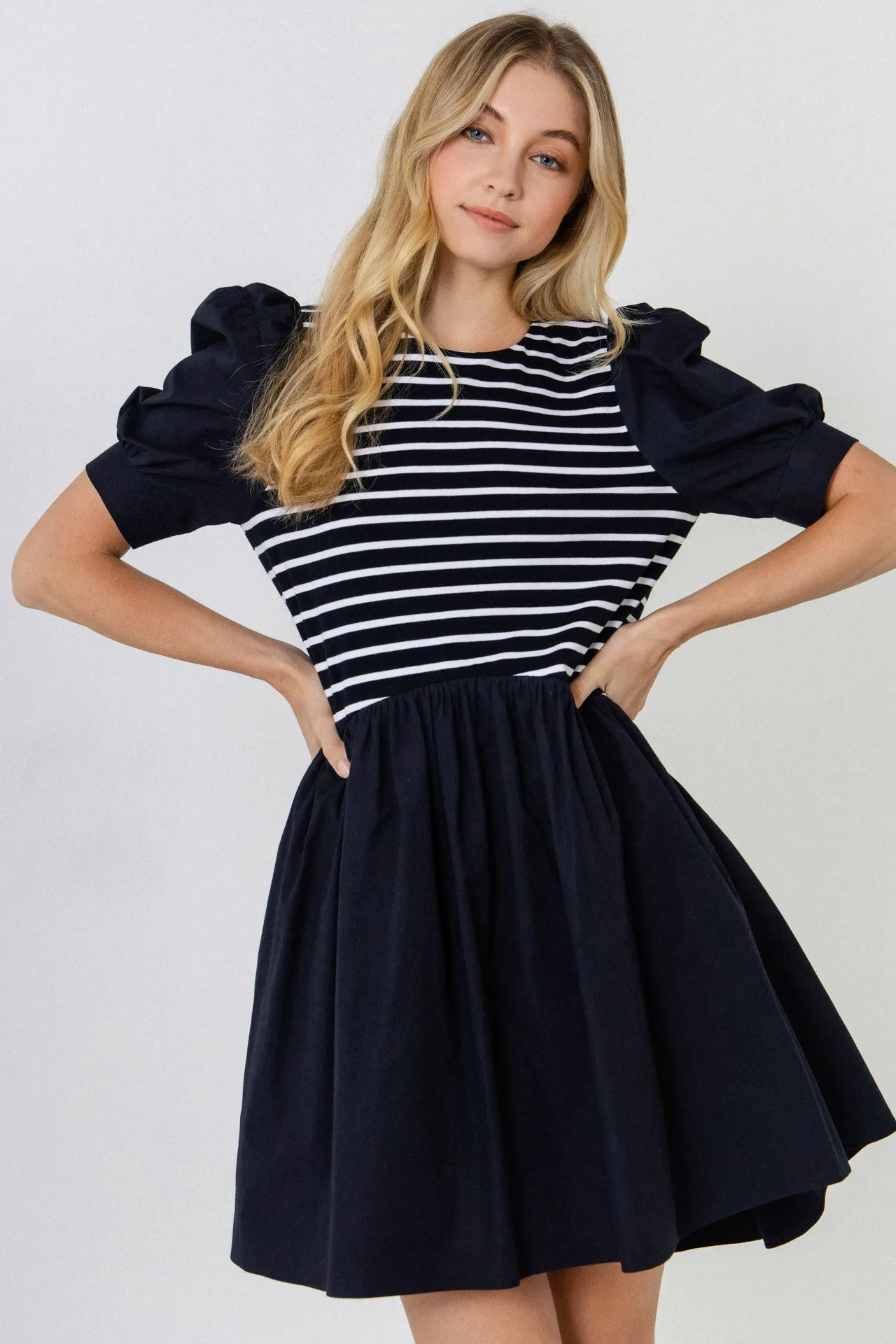 Puff Sleeve High Low Knit Combo Dress