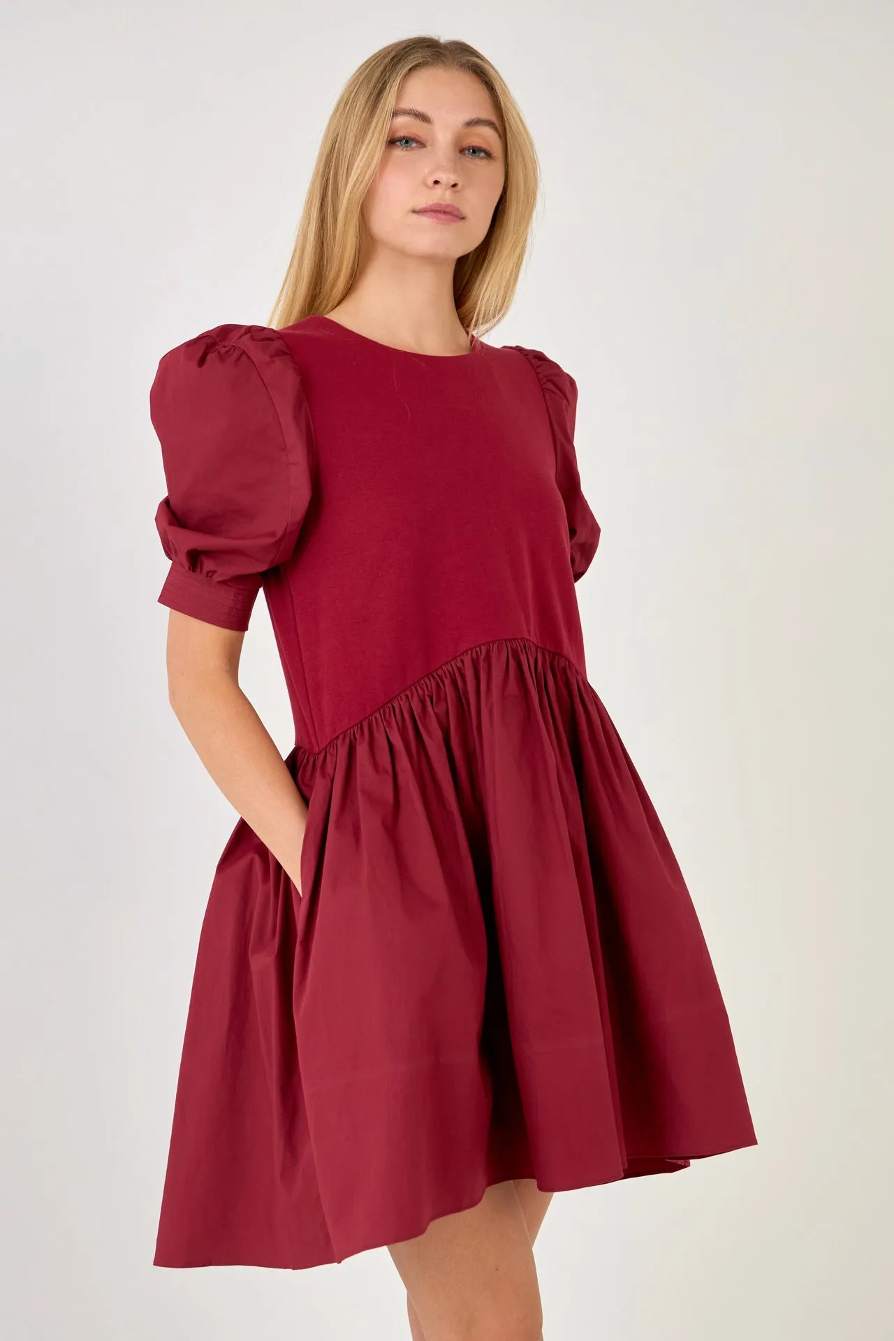 Puff Sleeve High Low Knit Combo Dress