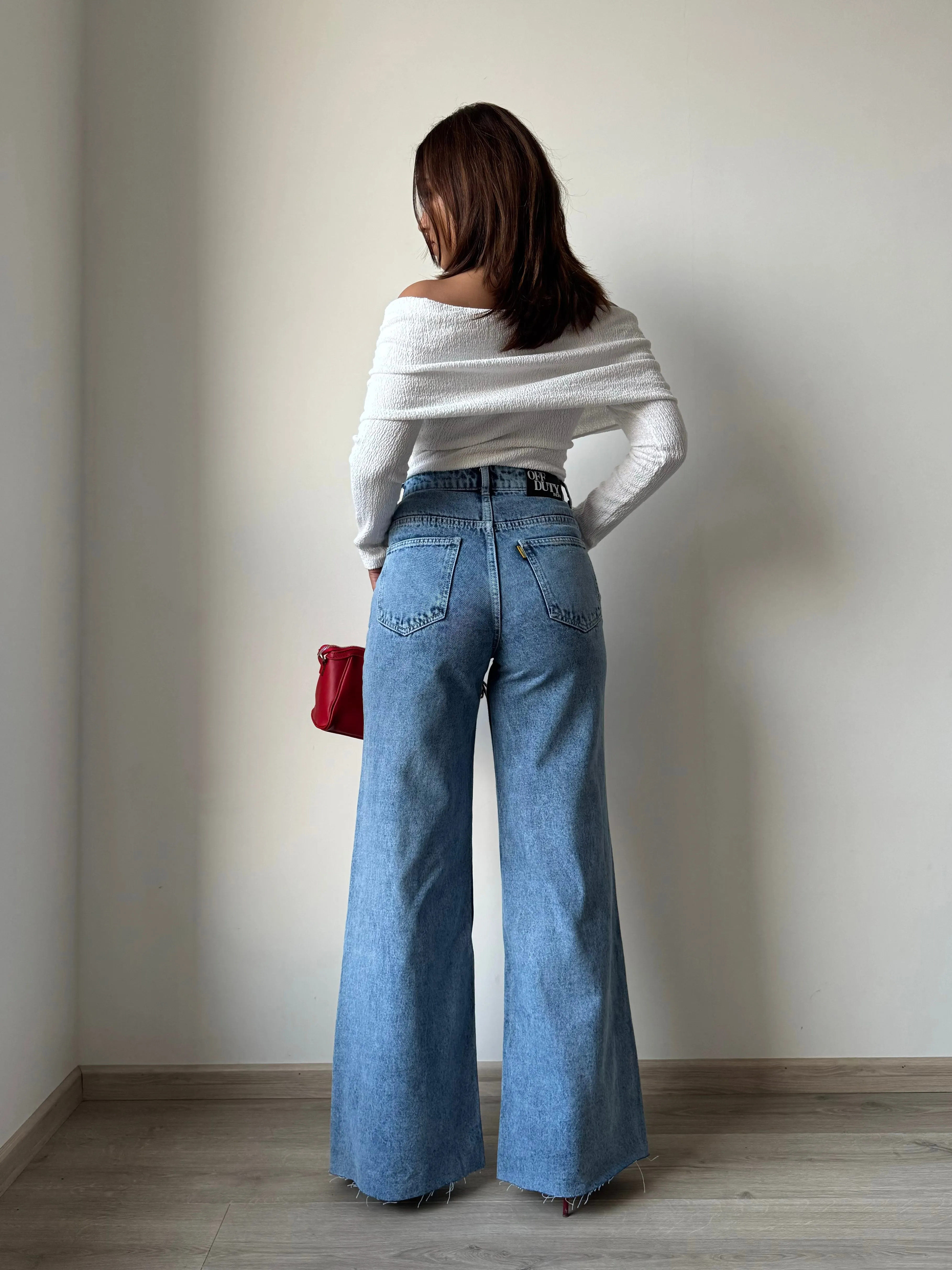 Raw Rip Stone Blue Wide Leg Jeans