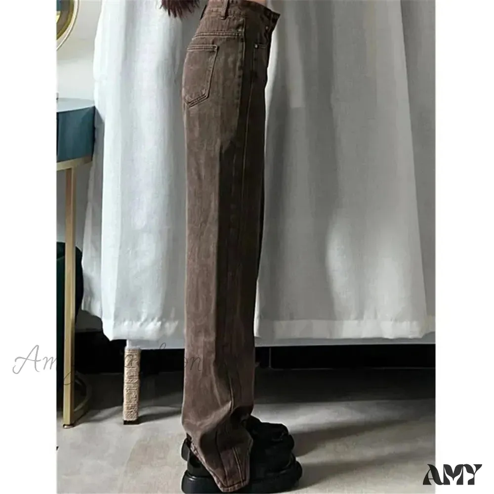 Retro Y2K Brown Wide Leg Irregular Baggy 90s Solid High Waist Comfortable Jeans