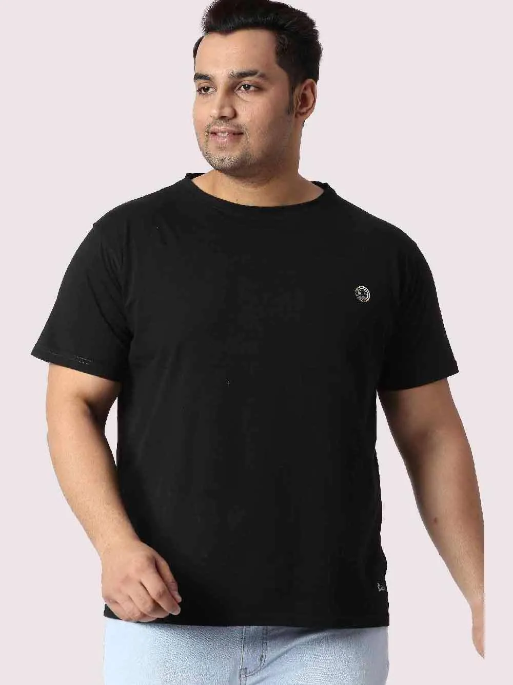 Rich Black Round Neck Cotton lycra T Shirt Plus Size