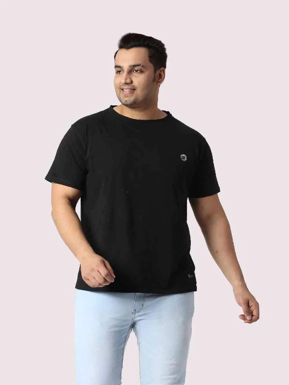 Rich Black Round Neck Cotton lycra T Shirt Plus Size