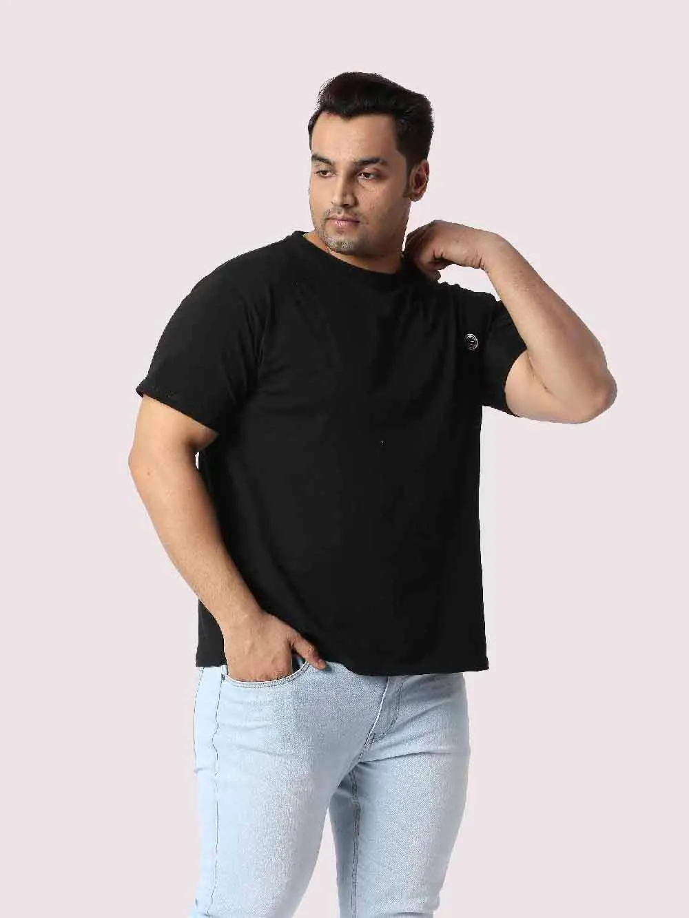 Rich Black Round Neck Cotton lycra T Shirt Plus Size