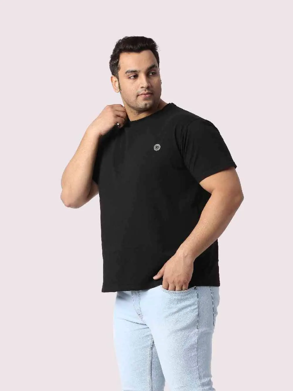 Rich Black Round Neck Cotton lycra T Shirt Plus Size