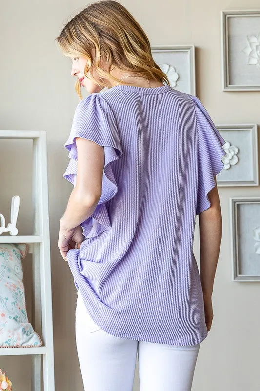 Ruffle Sleeve Round Neck Ribbed Top - Lavender