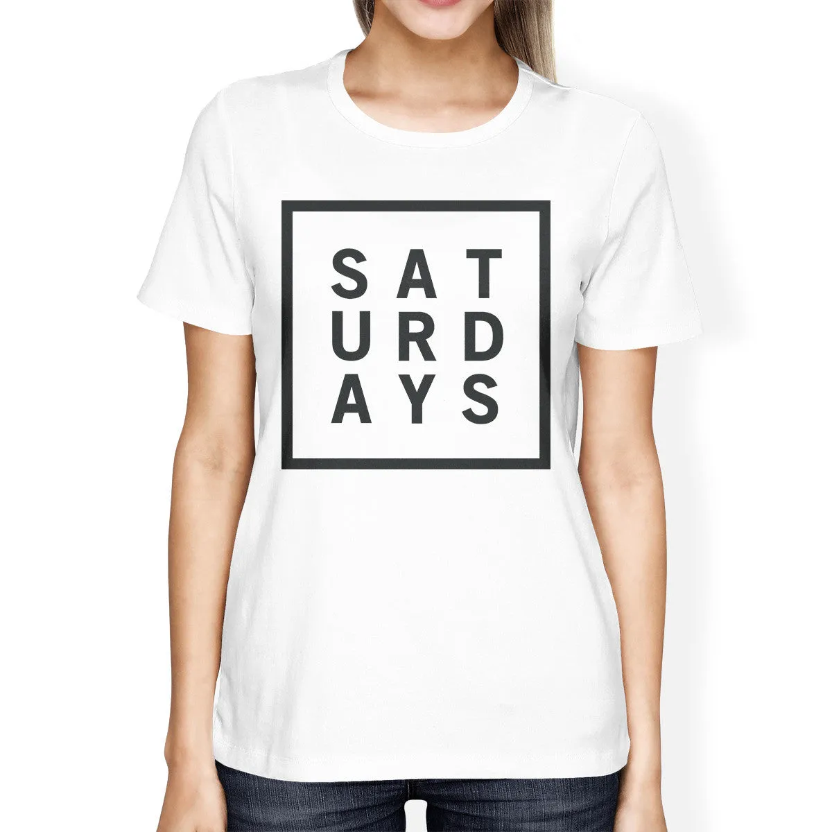 Saturdays Girls White Tops Cute Short Sleeve Tee Typographic Print