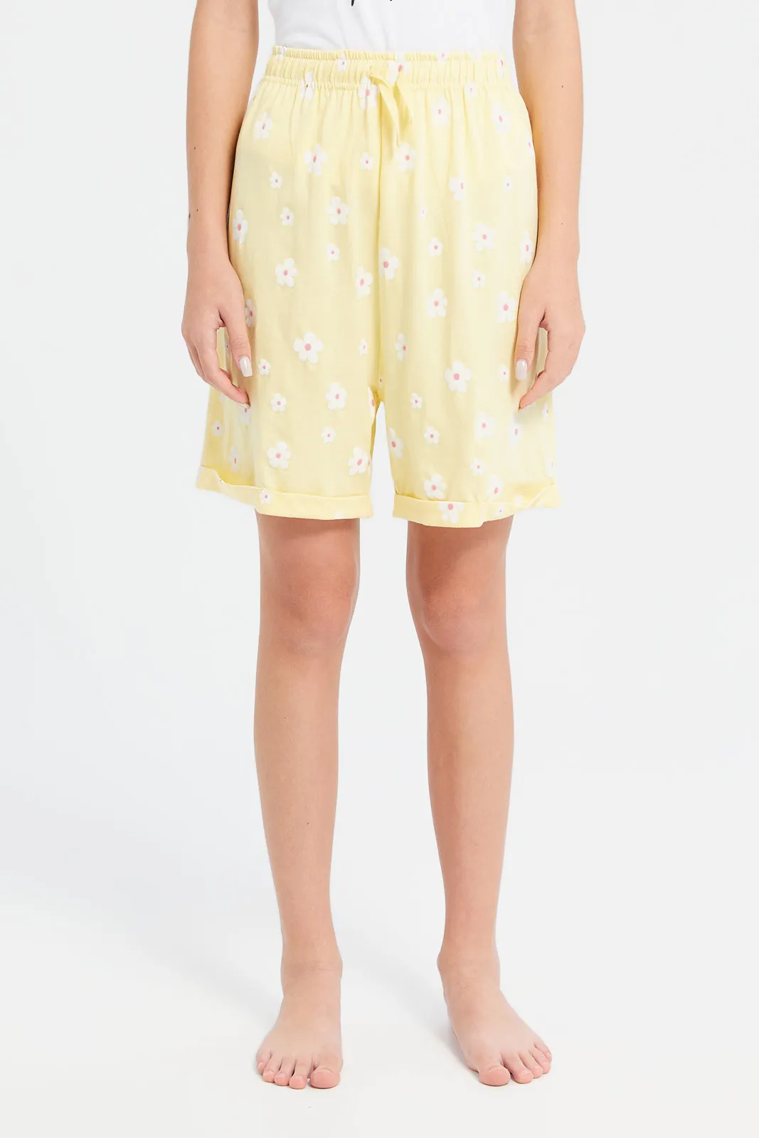 Senior Girls White And Yellow Pajama Set (2 Piece)