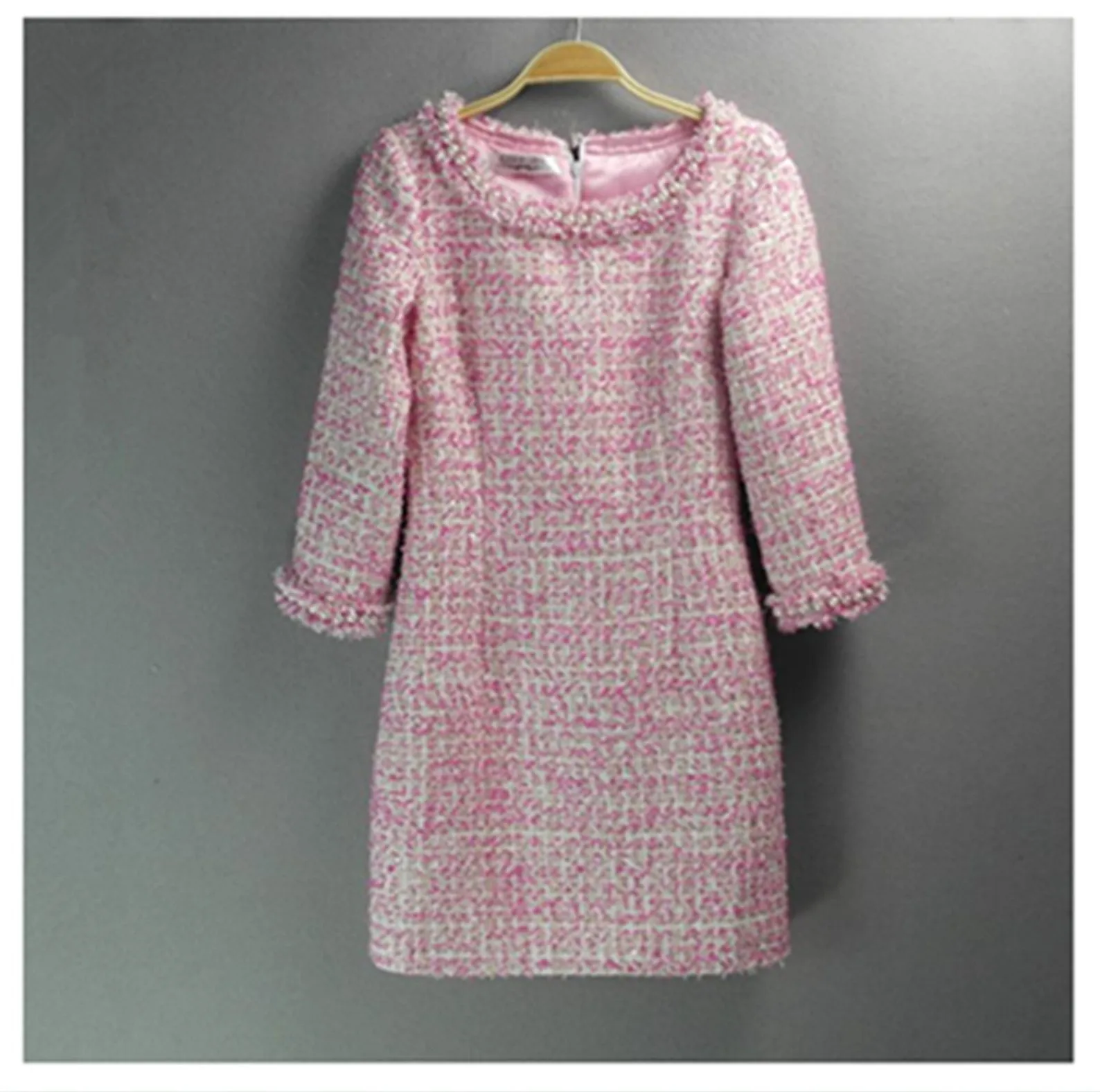 Sheath Pearls Tweed 3/4 Sleeves Dress Hot Pink