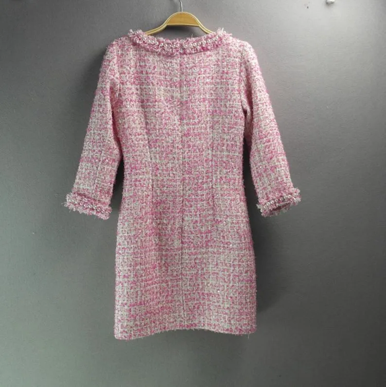 Sheath Pearls Tweed 3/4 Sleeves Dress Hot Pink