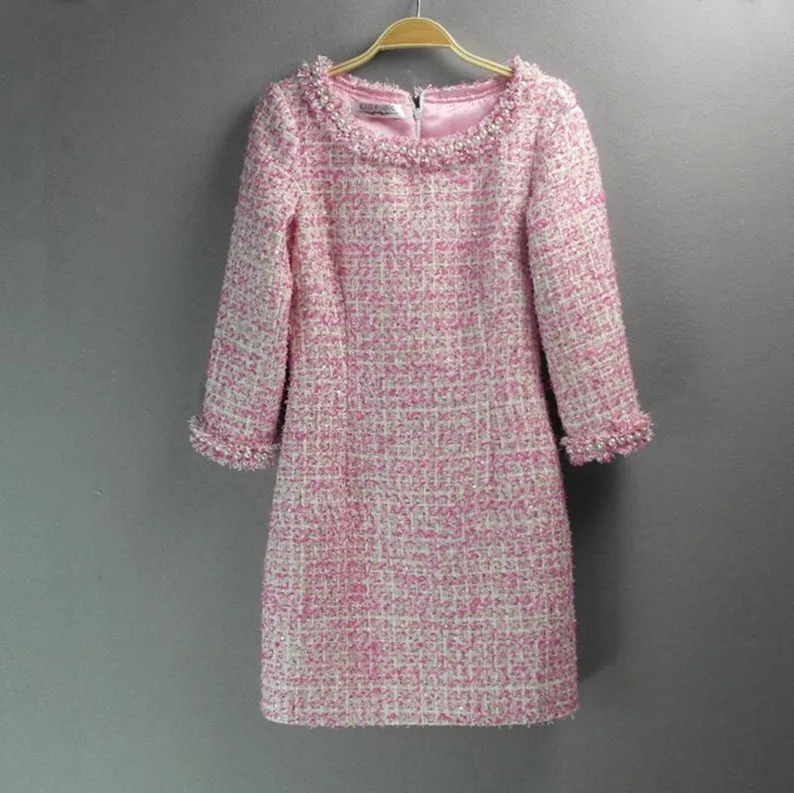 Sheath Pearls Tweed 3/4 Sleeves Dress Hot Pink