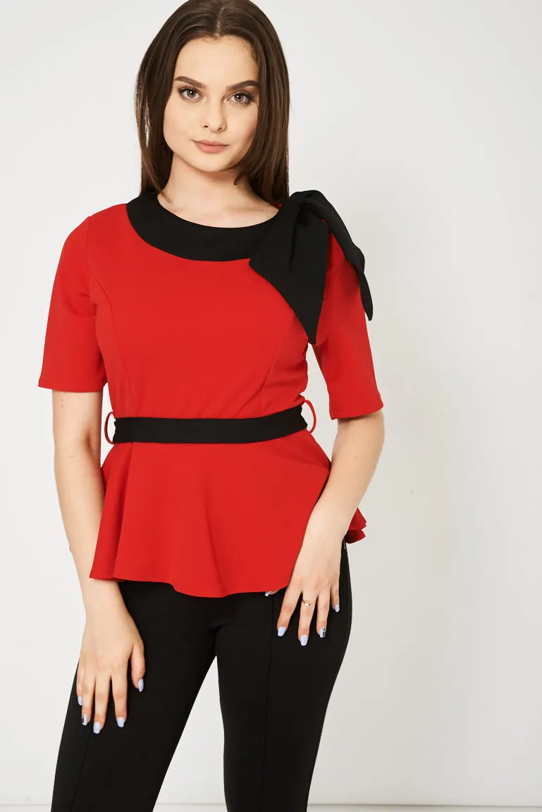 Short Sleeve Belted Top In Red Available In Plus Sizes