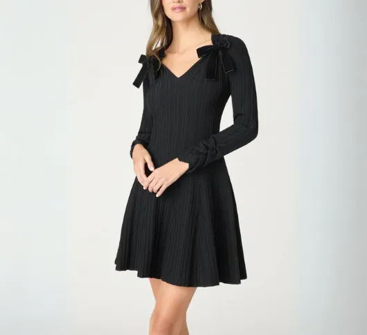 Shoshanna - Paris Long Sleeve Rib Knit Fit and Flare Dress with Bows in Black