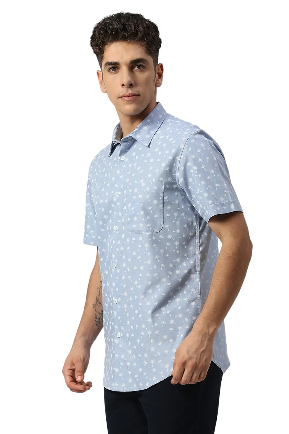 Slim Fit Cotton Polyester Cavalry Twill Printed Halfsleeves Shirt