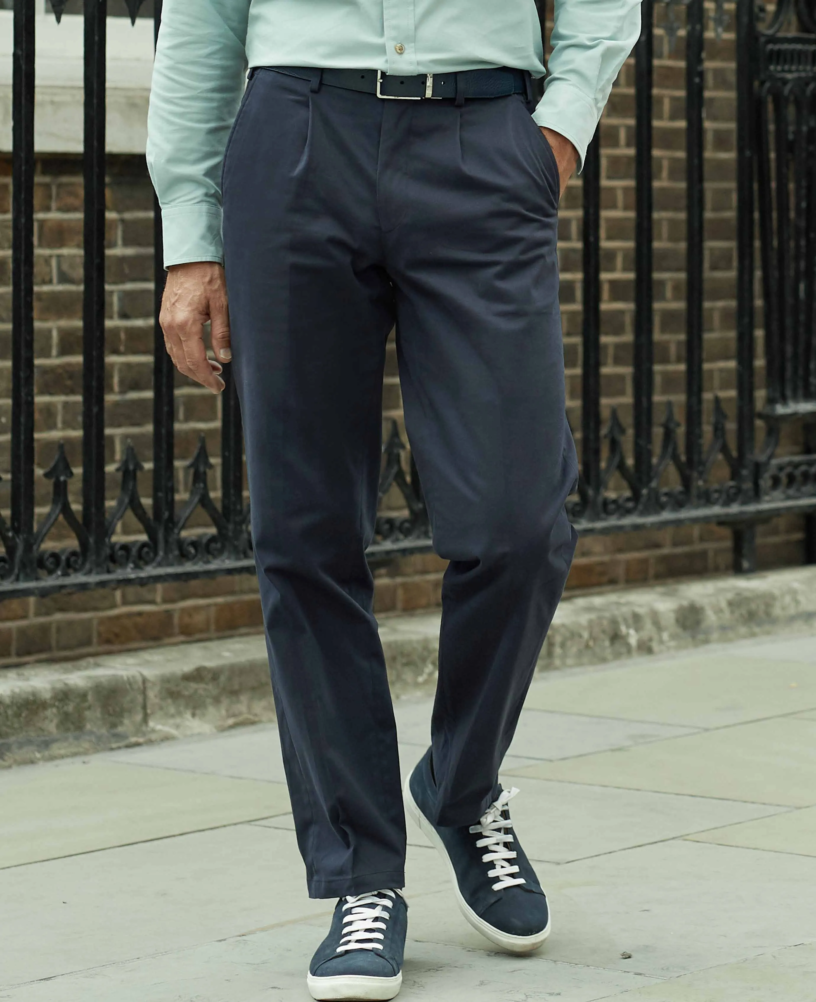 Smoked Navy Stretch Cotton Classic Fit Pleated Chinos