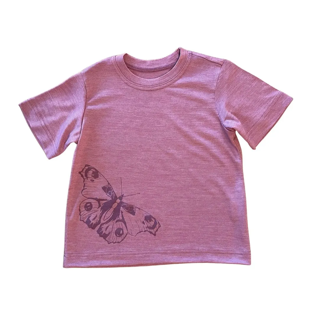 T-Shirt rosé mit Schmetterling, Merinowolle & Seide (bio/GOTS)