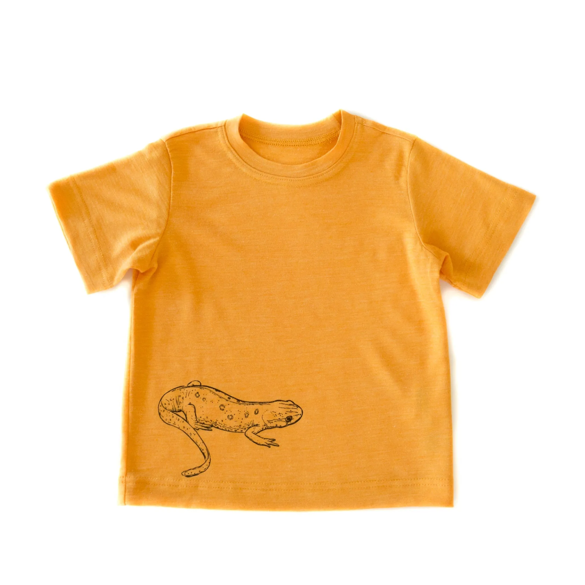 T-Shirt sonnengelb mit Salamander, Merinowolle & Seide (bio/GOTS)