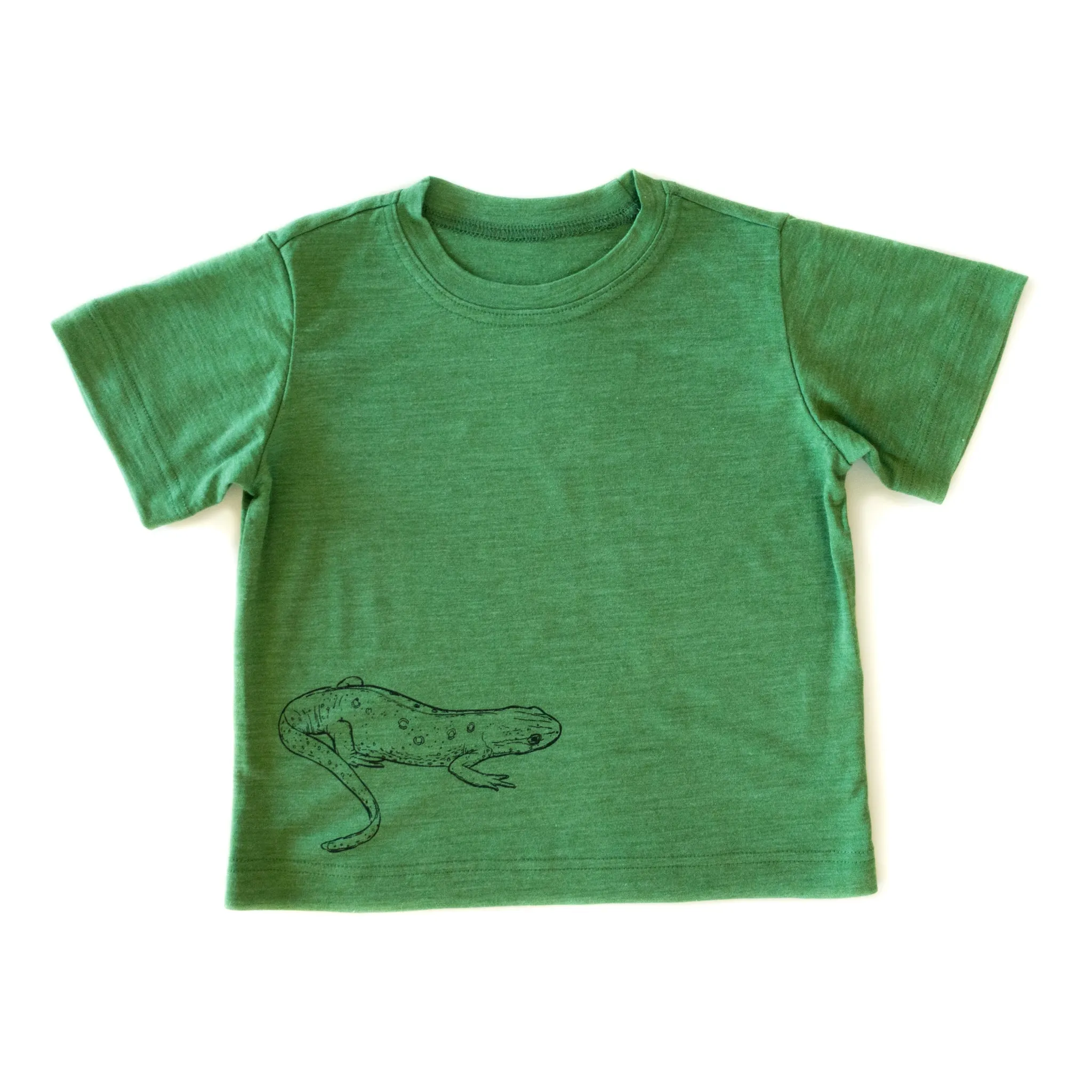 T-Shirt waldgrün mit Salamander, Merinowolle & Seide (bio/GOTS)