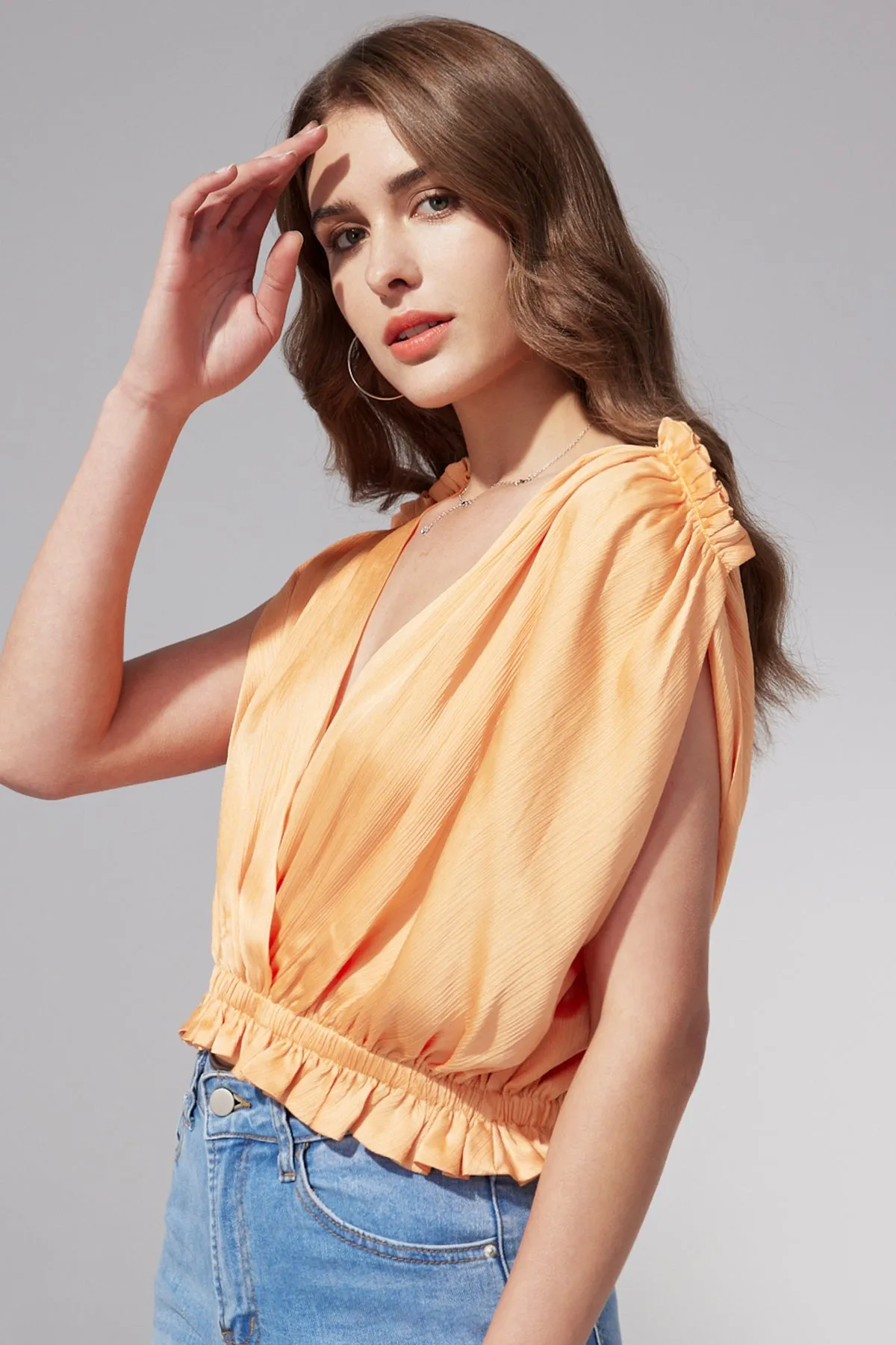 Tie Back Ruffle Hem Deep V Neck Crepe Satin Top