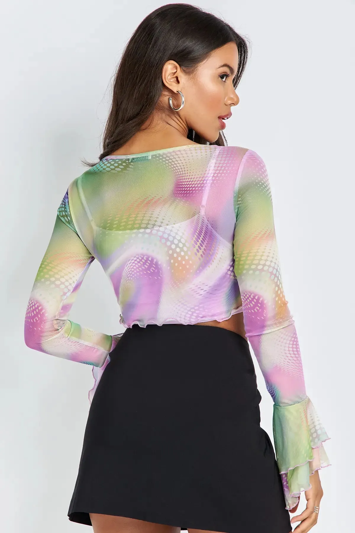 Tie Dye Lettuce Trim Flounce Sleeve Top