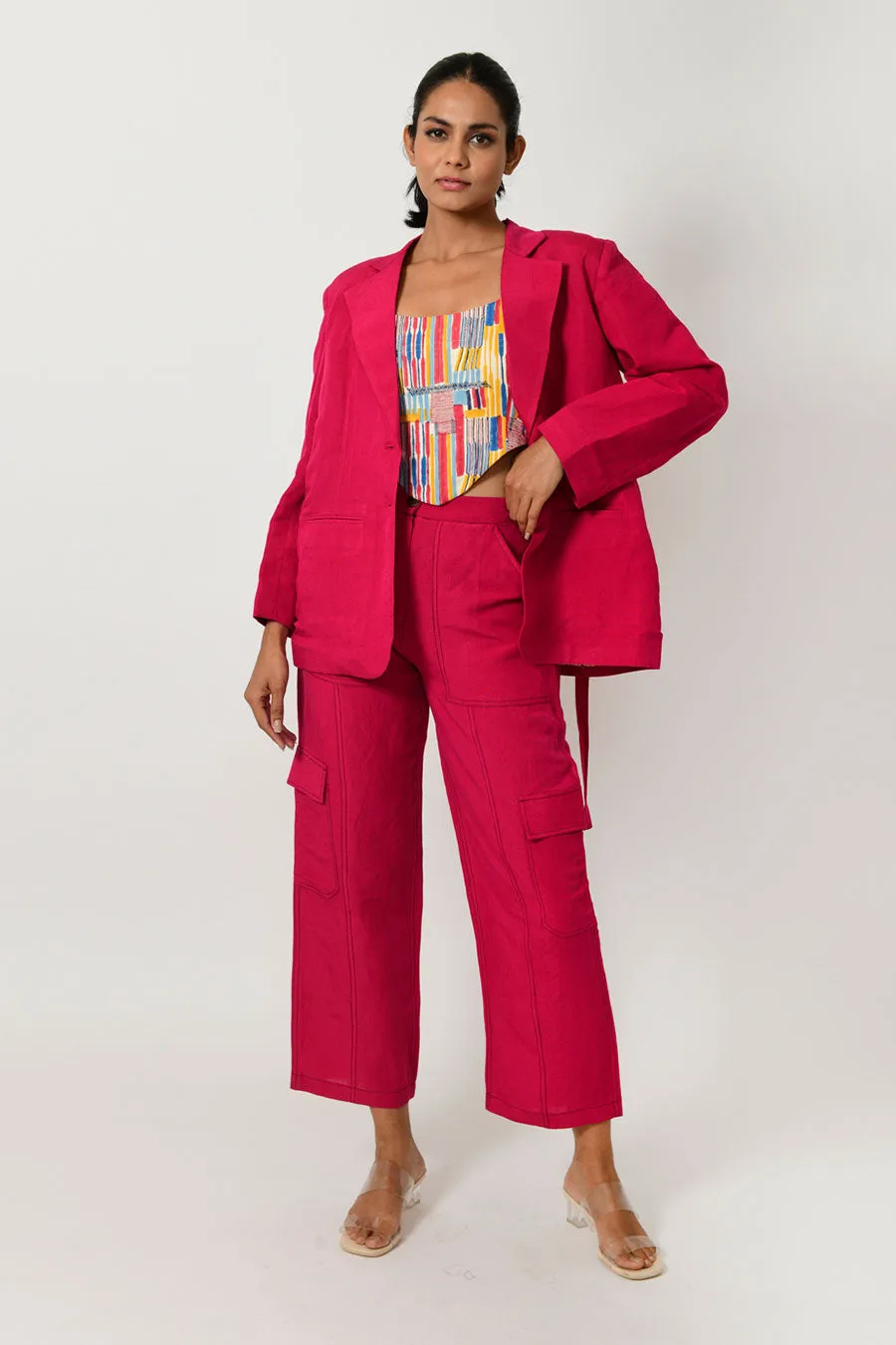 Viva Magenta Linen Blazer & Pant Set With Scribble Top