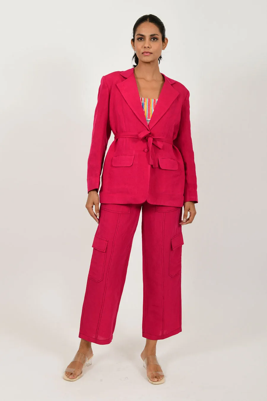 Viva Magenta Linen Blazer & Pant Set With Scribble Top