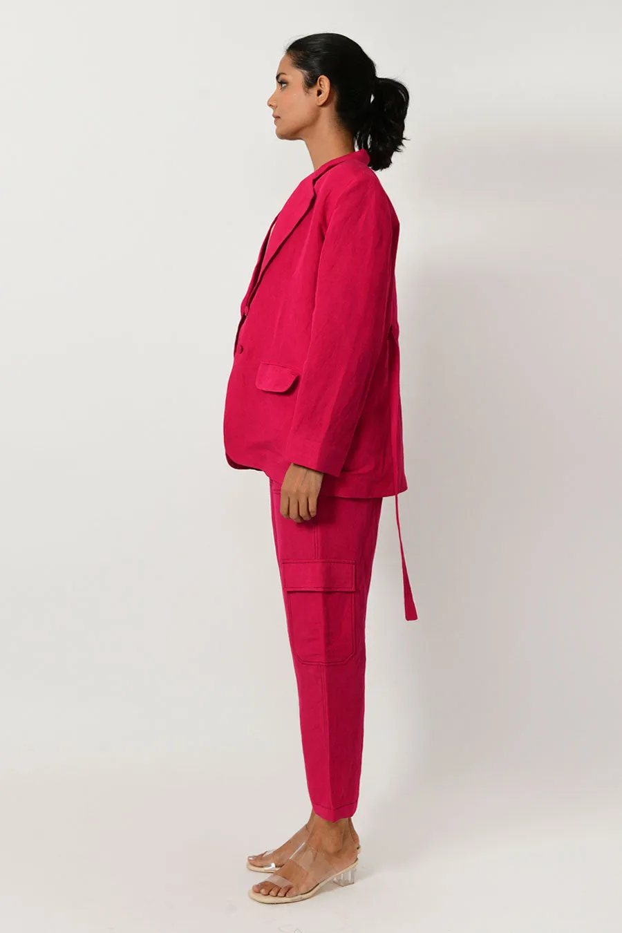 Viva Magenta Linen Blazer & Pant Set With Scribble Top