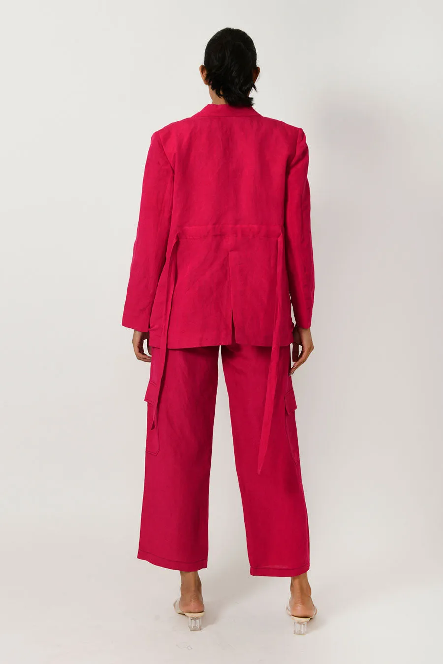 Viva Magenta Linen Blazer & Pant Set With Scribble Top