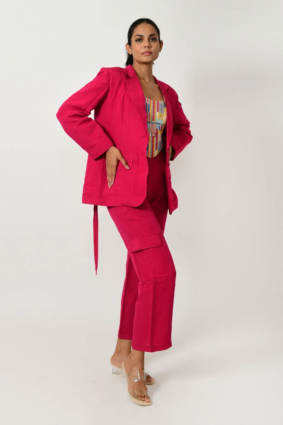 Viva Magenta Linen Blazer & Pant Set With Scribble Top