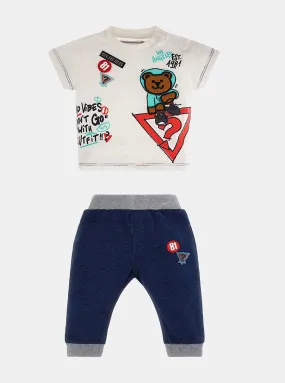 White Short Sleeve Knit Denim Pants Set (3-18M)