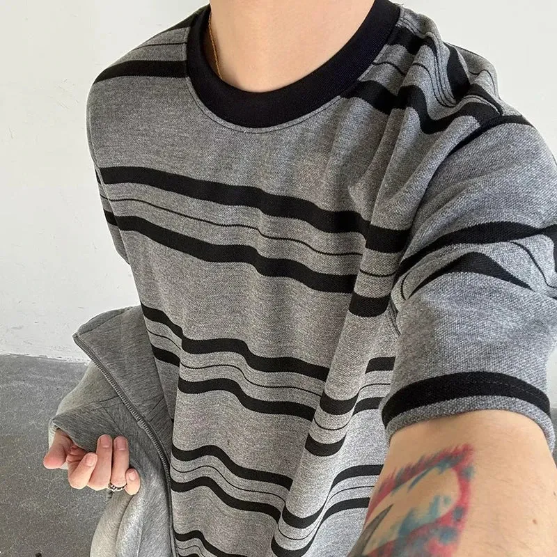 WIAOFELLAS  -  Retro Striped Tee Small Neckline Short Sleeved T-shirt Boys New Summer Loose Preppy Vintage Top Unisex Gray T Shirt