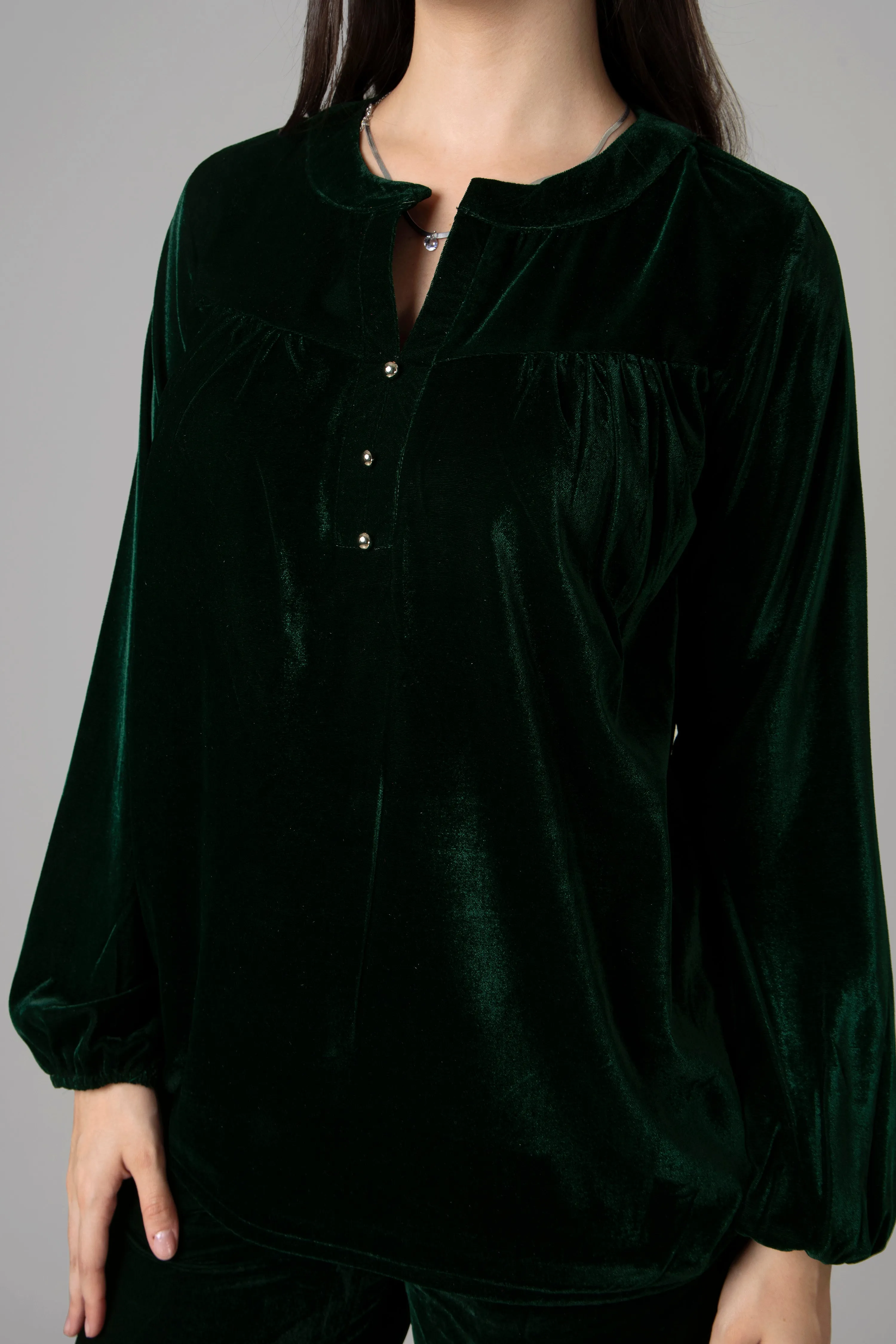 Women Green Velvet Blouson Top