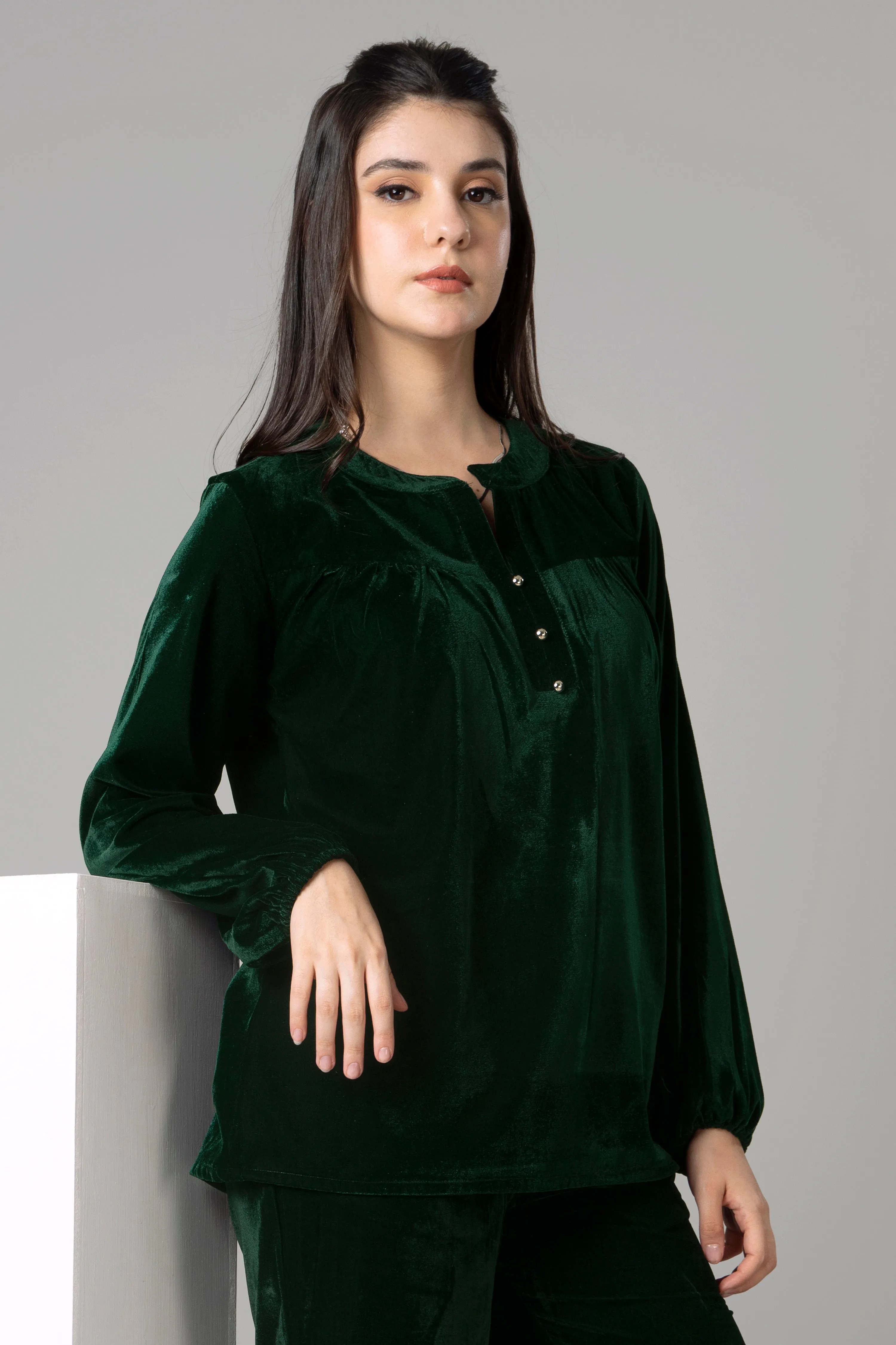 Women Green Velvet Blouson Top