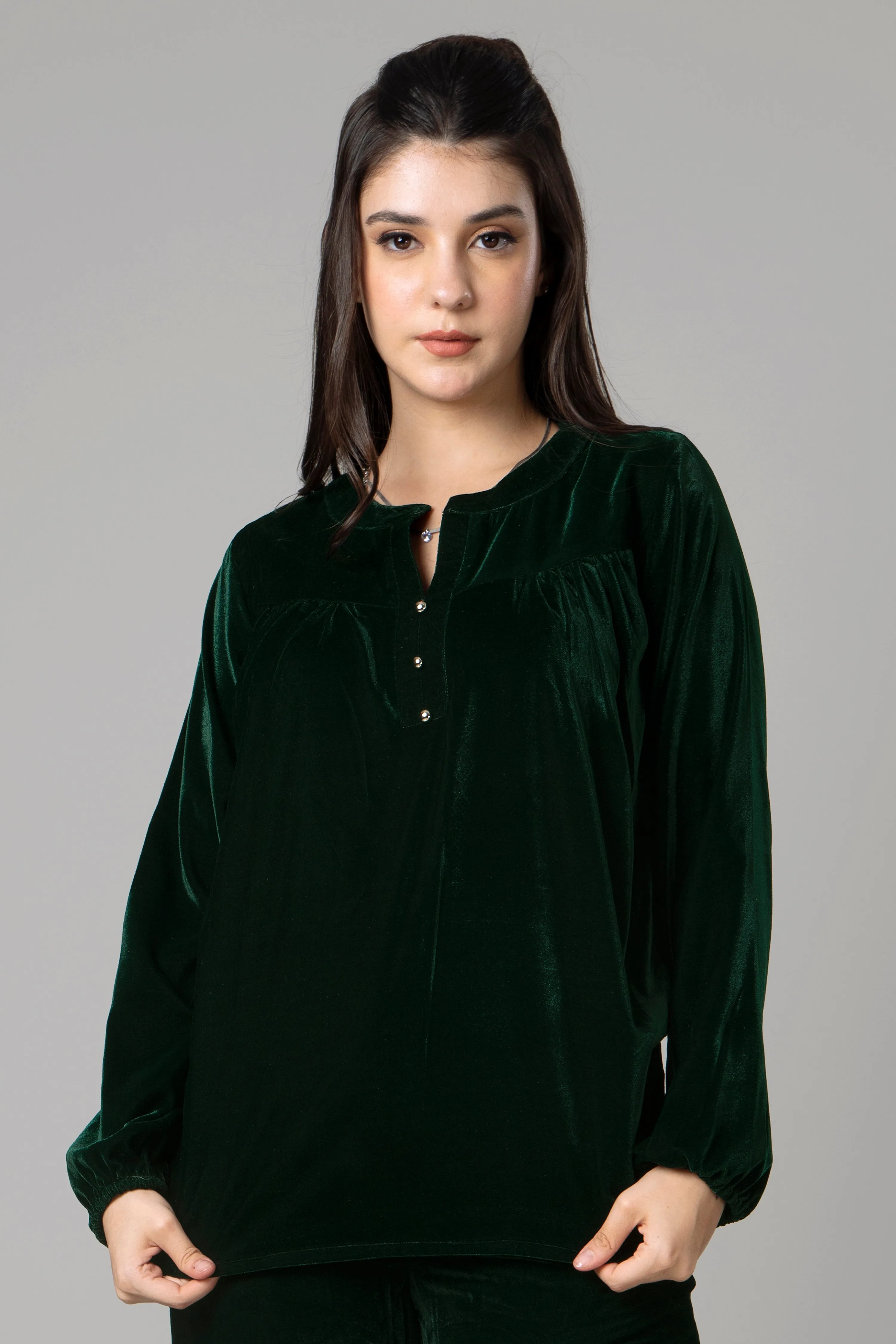 Women Green Velvet Blouson Top