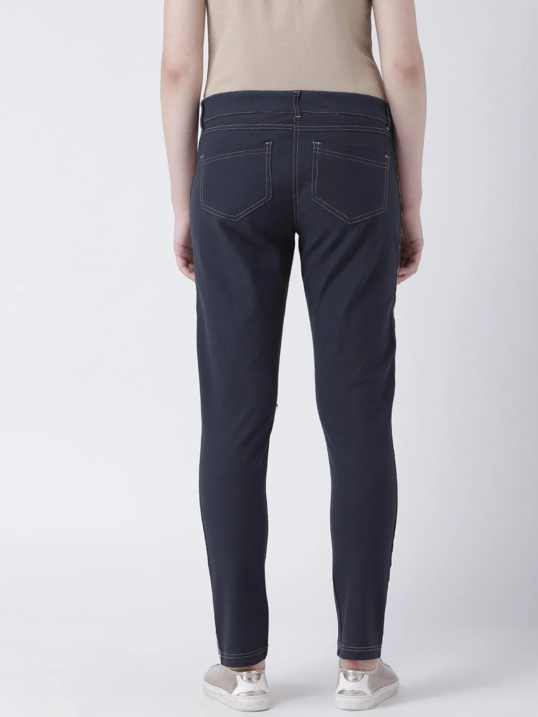 Women Navy Blue Slim Fit Solid Casual Trousers