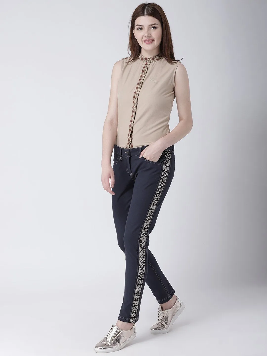 Women Navy Blue Slim Fit Solid Casual Trousers