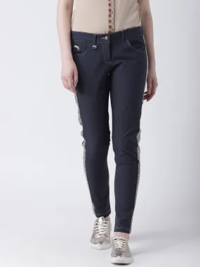 Women Navy Blue Slim Fit Solid Casual Trousers