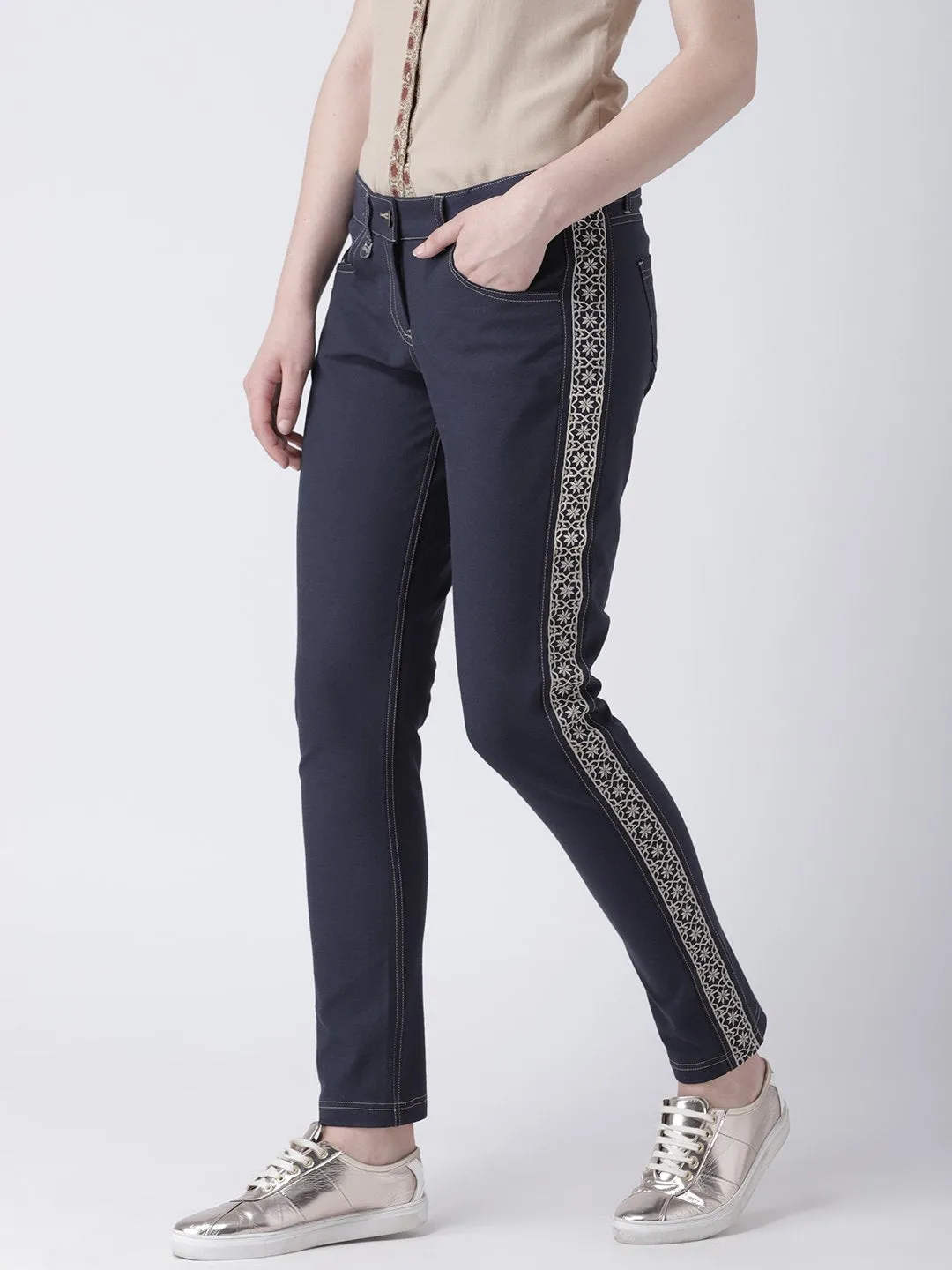 Women Navy Blue Slim Fit Solid Casual Trousers