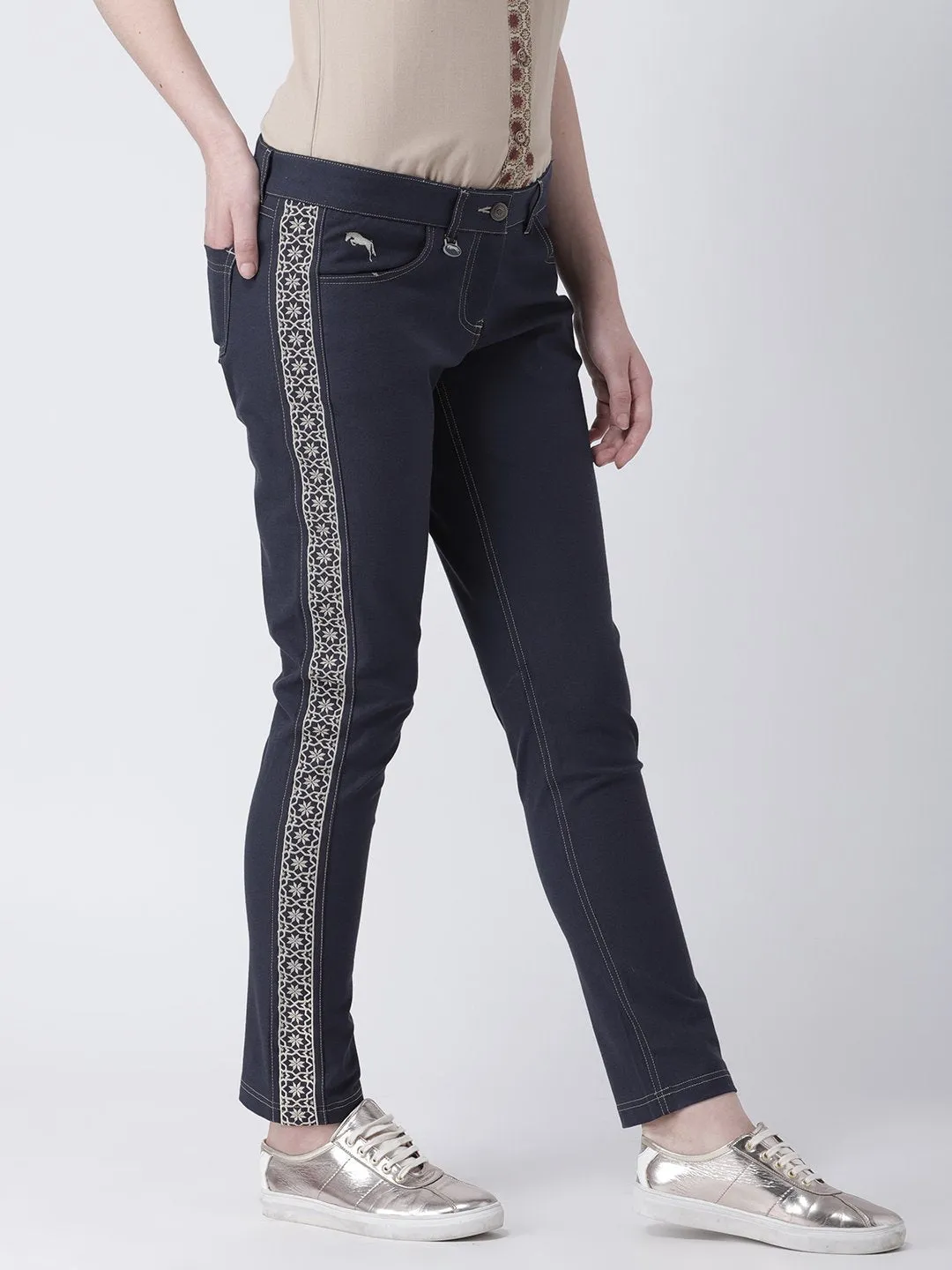 Women Navy Blue Slim Fit Solid Casual Trousers