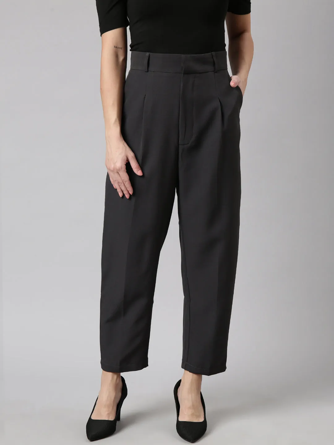 Women Solid Charcoal Formal Trousers