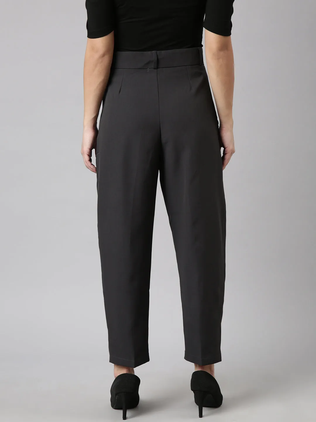 Women Solid Charcoal Formal Trousers